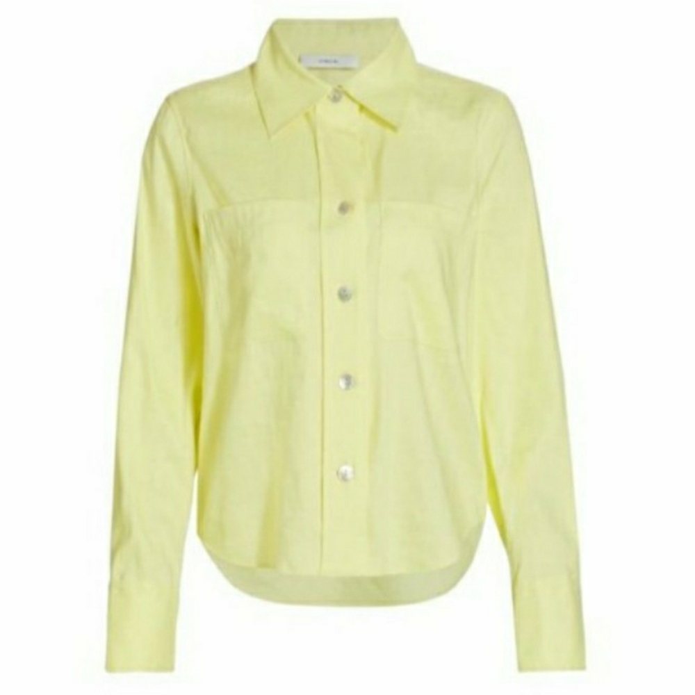 Vince Linen Blend Yellow Green Button-Up Women's Shirt - Picture 9 of 12